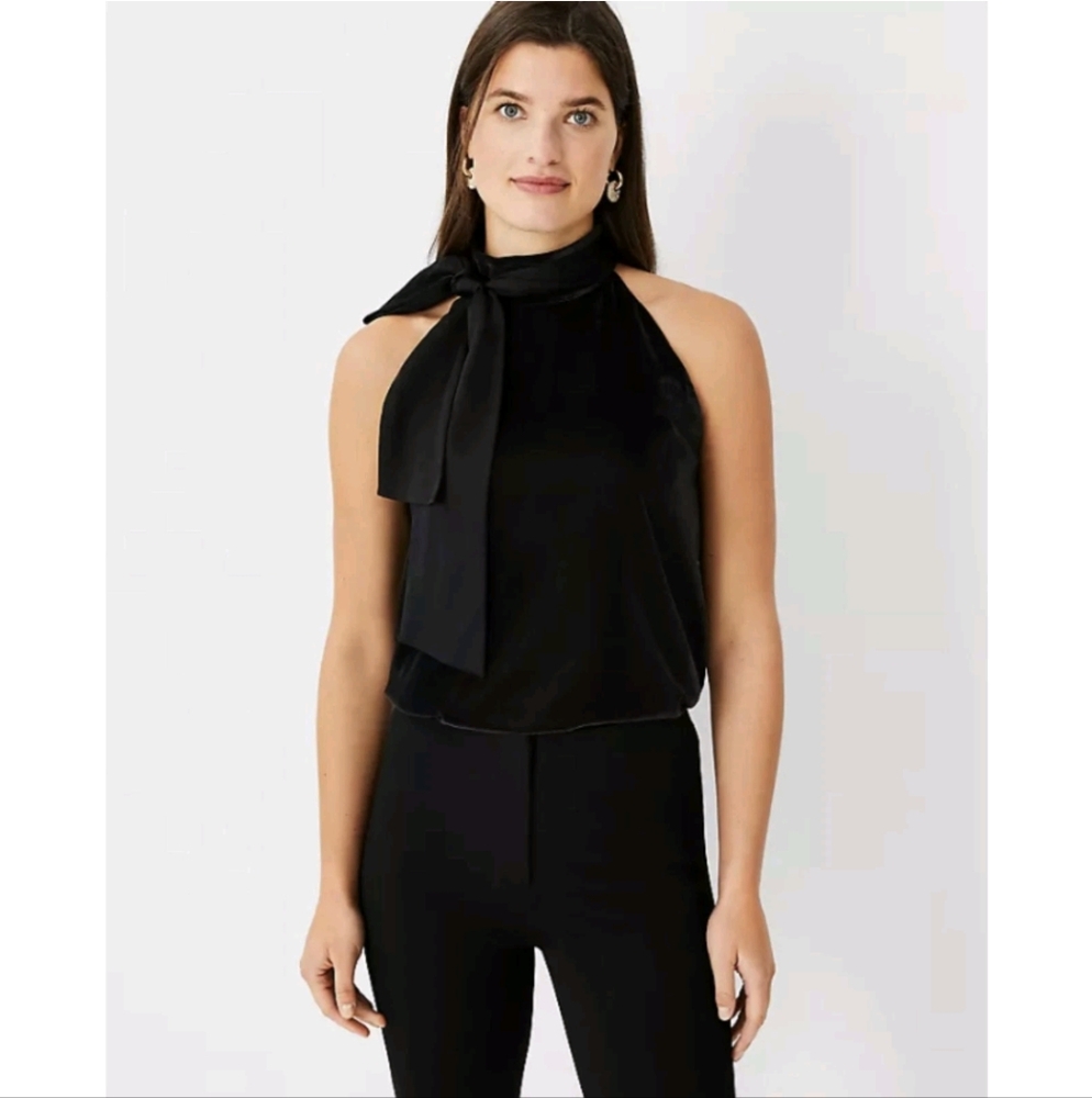 Ann Taylor Black Velvet Bow Halter Top Size Small Petite